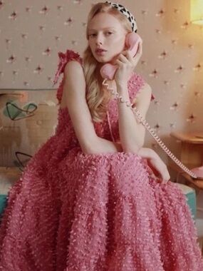 Sister Jane Bando "Likely Lady" textured pink midi dress featuring tiered bow M